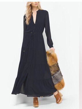 Michael Kors Navy Blue Maxi Dress Women's Size 4 Button Down Waist Tie
